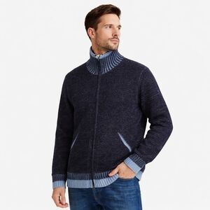 EUC O'Neill Mens Wool Navy and Light Blue Zip-Up Knit Sweater Cardigan Size L